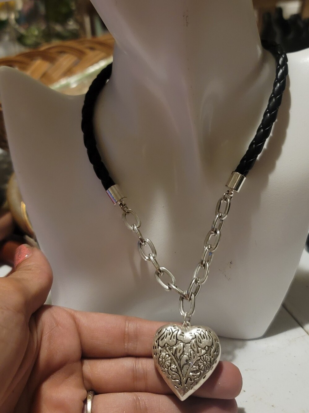 Avon Vintage Silver Heart Locket Necklace - Floral Etched - Black Braided 16inch